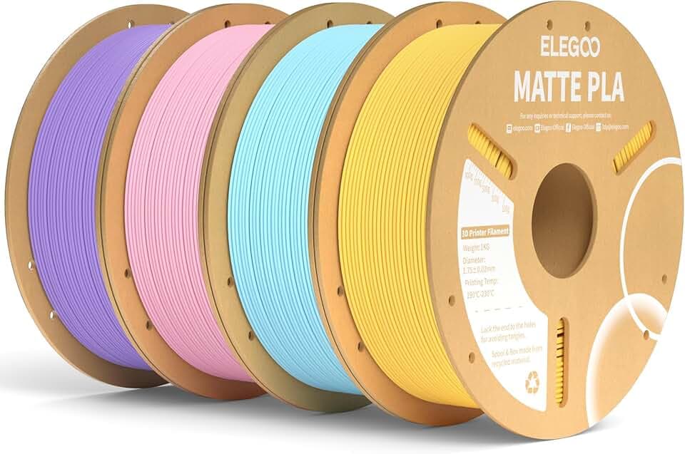 ELEGOO Matte PLA Filament 1.75mm Gelb Eisblau Sakura Rosa Lavendel Lila 4KG | Sauber gewickeltes Filament, Einfach zu Bedienen, 1kg Kartonspule (2.2lbs) PLA Matte Filament für Meisten FDM 3D Drucker