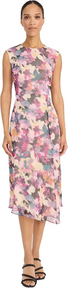 Maggy London Women's Sleeveless Fitted Midi Chiffon Dress - Asymmetrical Handkerchief Hem - Special Occasion Cocktail Dress