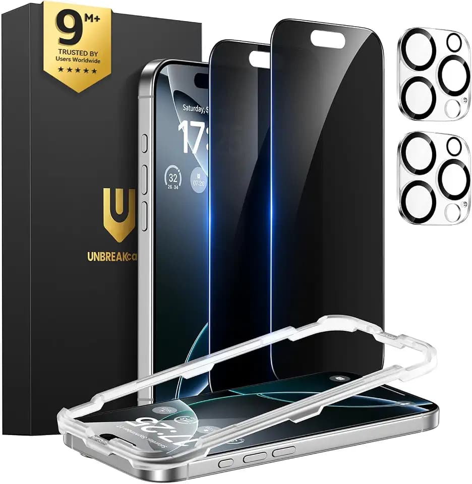 UNBREAKcable iPhone 16 Pro Max Privacy Screen Protector 2-Pack, Upgraded Dual-Tempered Glass + 2 Camera Lens Protectors, 25° Anti-Spy, Military-Grade 9H+, HD Clear, Anti-Fingerprint, 6.9 Inch