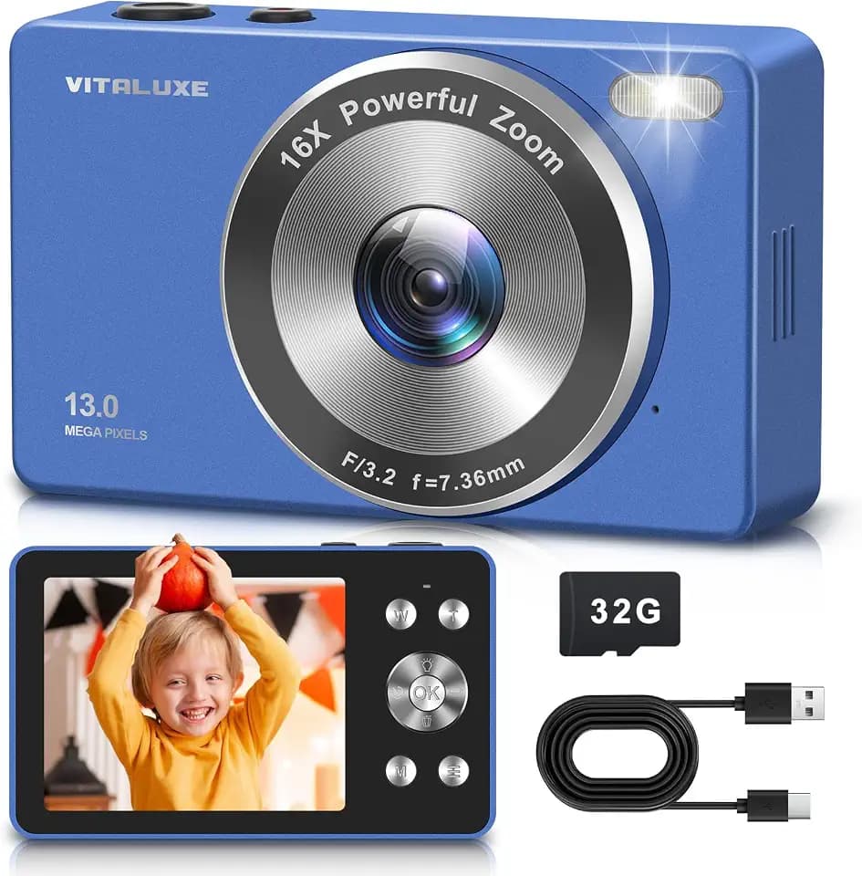4K Digital Camera, VITALUXE FHD Kids Camera, Real 13MP 16x Zoom Autofocus, 2.83'' LCD Screen, Long Lasting, Compact Small Vintage Camera with 32G Card, Best Gift for Kids, Teens, Girl, Boy, Beginnger