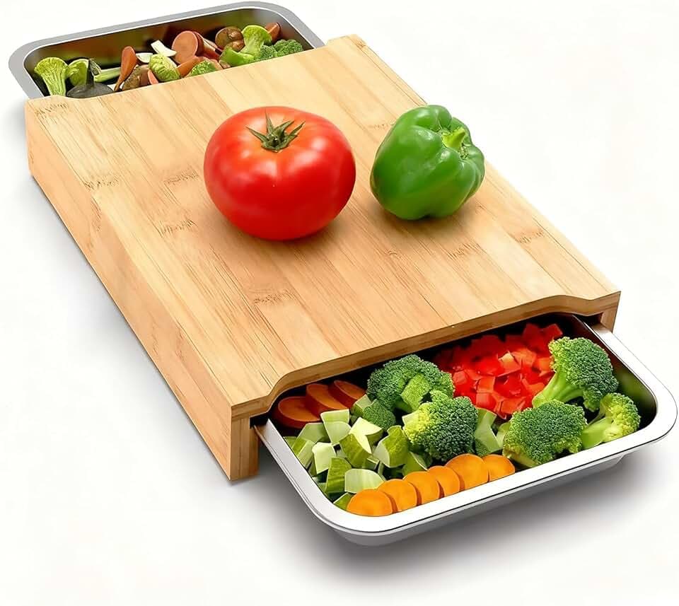 Bambus-Schneidebrett, Küchenschneidebrett mit 2 verschiebbaren Edelstahl-Tabletts für Lebensmittelzubereitung, Fleisch, Gemüse