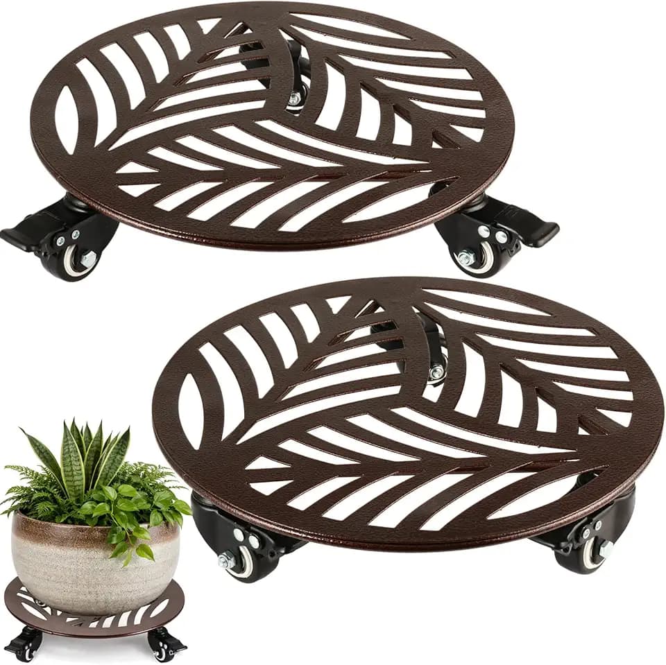 2-Pack Large Metal Plant Caddy with 3 Wheels 12 Inches Heavy-duty Rolling Plant Stands with Casters Wheeled Flower Pot Mover Rollers Rust-proof Iron Planter Dolly Coasters for Indoor Outdoor Use