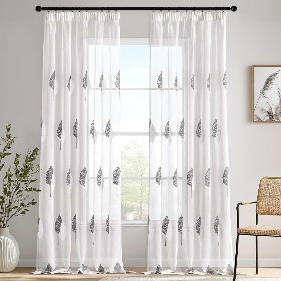 MIULEE Gardine Stickerei Blattmuster 2er Set B140 H175 Grau-Weiß