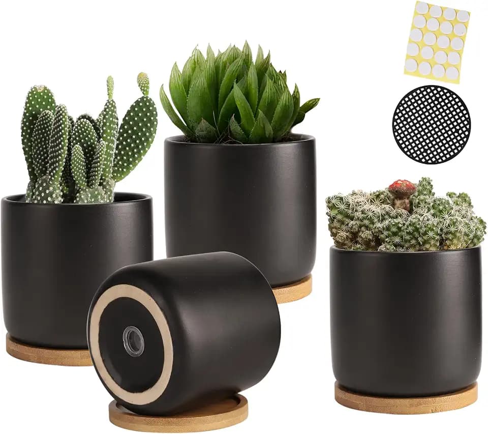 4 Inch Ceramic Black Plant Pots with Saucer and Drainage Hole, Set of 4