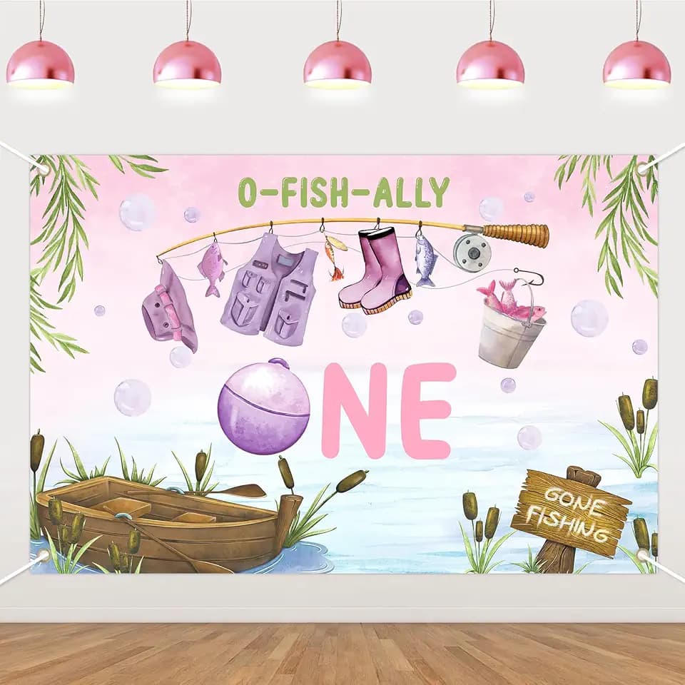 Ofishally One Birthday Themed Backdrop 5x3ft First Fishing Birthday Decoration Banner Vinyl Background for Girls Gone Fishing 1st One Year Old Bday Photography Props Party Supplies