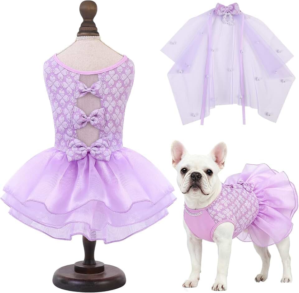 ASENKU Dog Dress, Dog Wedding Dress with Bows, Veil Attachment, Purple L