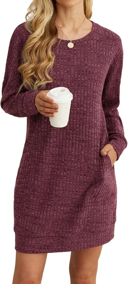 PrinStory Damen Pullover Kleid Freizeitkleider Rundhalsausschnitt Sweatkleid Mit Seitentaschen