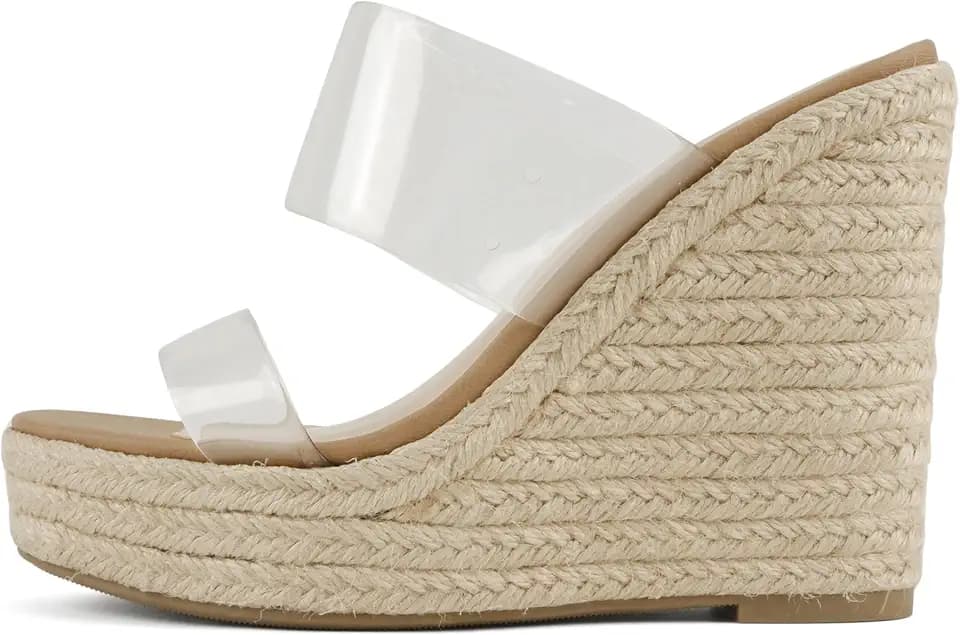 Soda Bigfan ~ Women Open Toe Clear Strap Espadrille Wedge Sandals