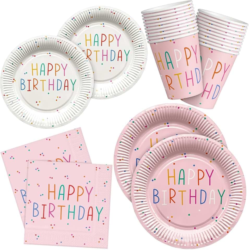 HNH Geburtstag Partygeschirr Set Rosa Party Pappteller, Servietten, Pappbecher 100er-Set für Kindergeburtstag Party