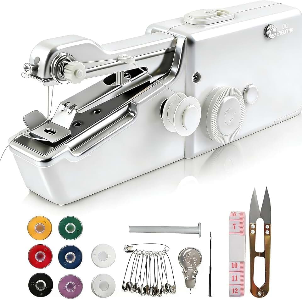 Mini Nähmaschine, Handnähmaschine Tragbare mit Nähzubehör, Elektrische Schnellstichwerkzeug für Anfänger, zum Nähen von Kleidung,Vorhängen,Handarbeiten,DIY(Weiß)