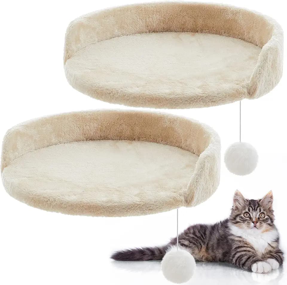 Dansydaisy 2 Pcs 13.39 Inches Semi Edged Cat Tree Replacement Parts Cat Tree Tower Accessories with Hanging Elastic Strings Pom Pom Toys and M8 Screw for Platform Perch Shelves(Creamy White)