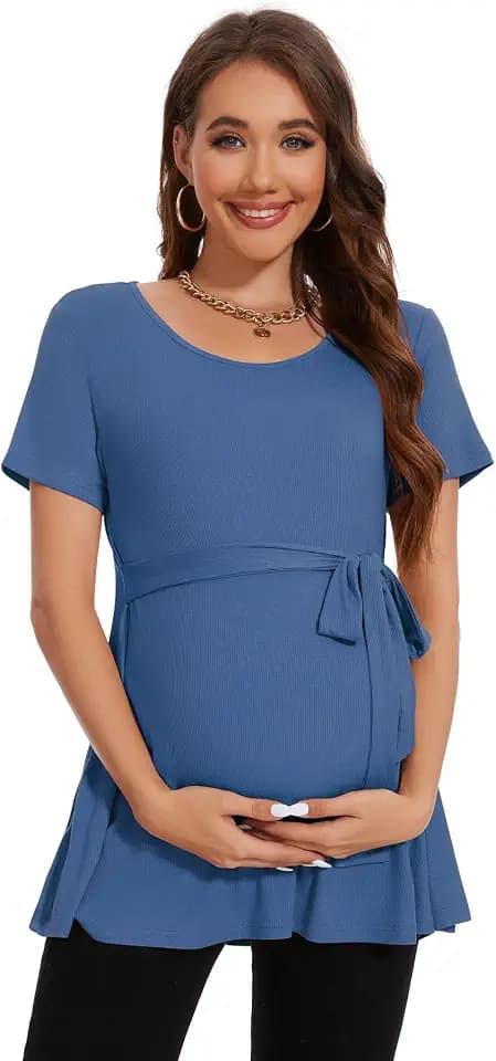 Smallshow Damen Umstandsmode Tie Front Kurzarm umstandsshirt Sommer