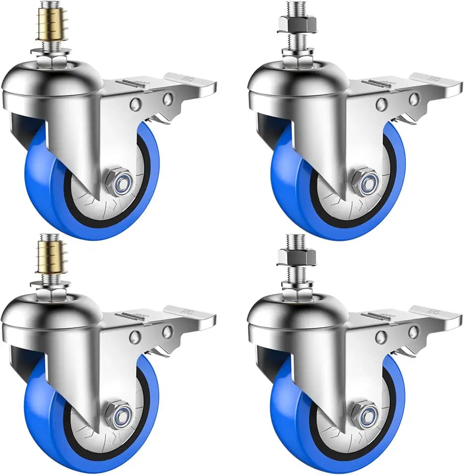 Deutnart möbelrollen mit Gewinde, 50mm Schwerlastrollen Gewindestift M8×20mm, Geräuschlose Rollen für Möbel, Lenkrollen mit Bremsen zum Transport, Belastung bis zu 200KG für Möbel Ausrüstung (Blau)