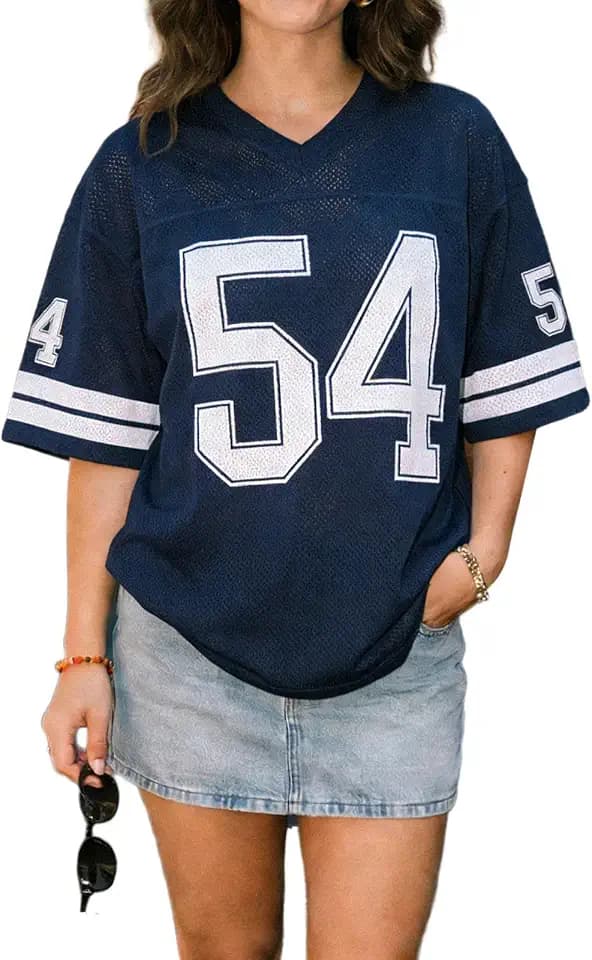 Football Mesh Jersey for Women Y2K Number Graphic Tees Oversized V Neck Jersey Shirts Streetwear Short Sleeve Tops