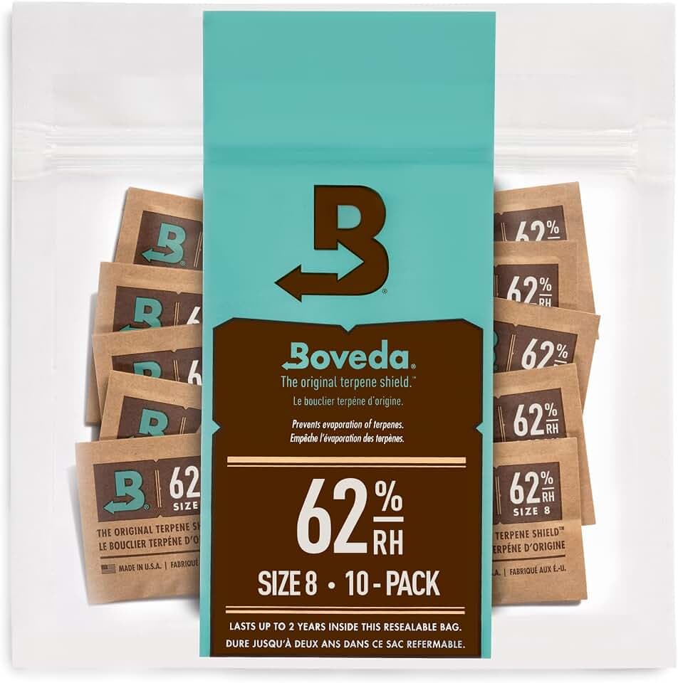 Boveda zur Aufbewahrung von Kräutern | 2-Wege-Feuchtigkeitsregulierung mit 62 % relativer Feuchtigkeit | Größe 8 schützt bis zu 30 g Blüten | verhindert den Verlust von Terpenen, Übertrocknung & Schimmel | wiederverschließbare Verpackung mit 10 Stück