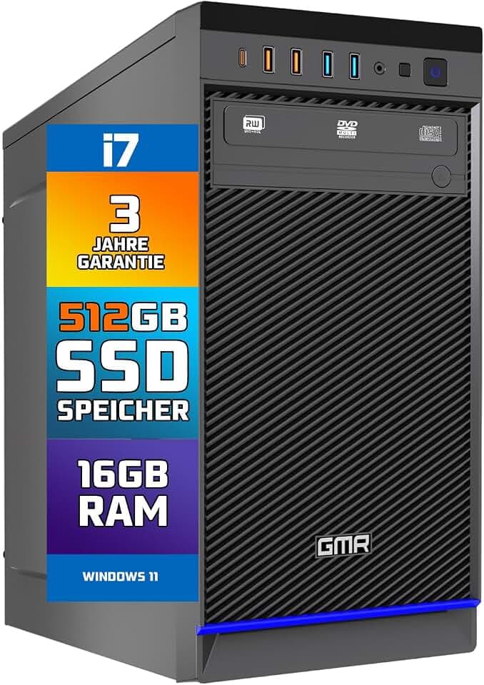 GMR Ultra i7 Office PC - Business Office Computer | 3 Jahre Garantie | 16 GB RAM | 512GB SSD M.2 | DVD±RW | USB 3 | Windows 11 Pro | WiFi-Bluetooth