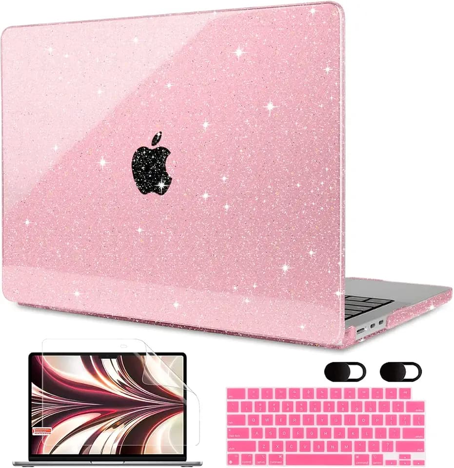 MEEgoodo Glitter Case for MacBook Air 13 inch 2026 2025 2024 2022, Fit Model A3449(M5)/A3240(M4)/A3113 (M3)/A2681(M2), Laptop Shell for MacBook Air 13.6 with Keyboard & Camera Cover, Pink