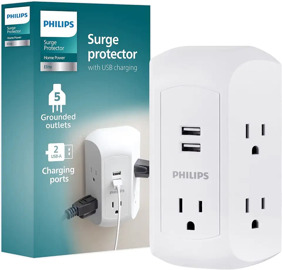 Philips 5-Outlet Extender, Grounded Wall Tap, 3-Prong, 2 USB-A
