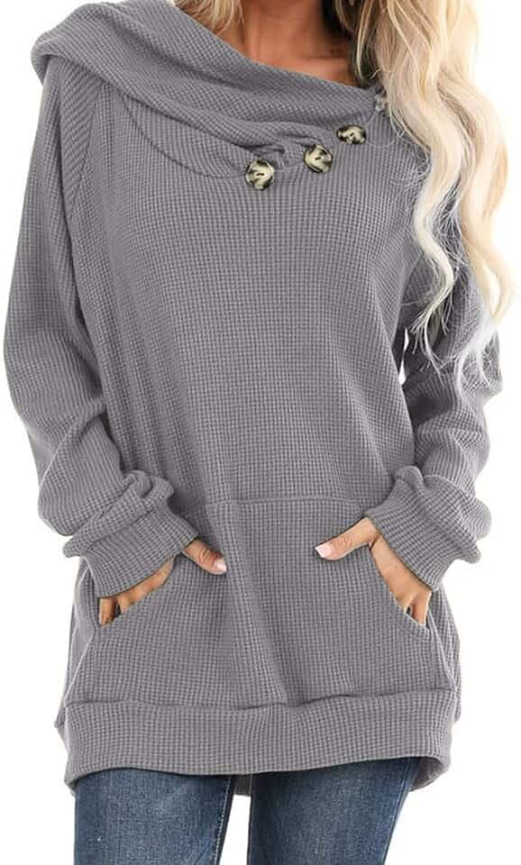 Ancapelion Damen Casual Langarm Hoodies Pullover Einfarbig Strickoberteile Pullover Sweater mit Knopftasche