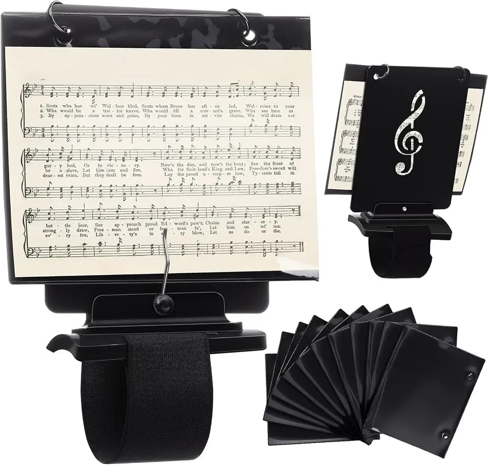 Canlierr Flute Lyre Flip Folder for Marching Band, 12 Pcs Waterproof 7.5 x 6.5 inches Double Sided Flip Folio Folder Pages with 2 Holes Adjustable Sheet Music Stand Holder for Clarinet Trumpet (Black)