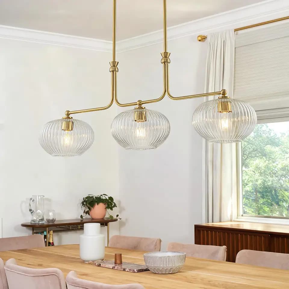 40.16" Brushed Gold Chandelier,Clear Ribbed Glass Kitchen Island Lighting