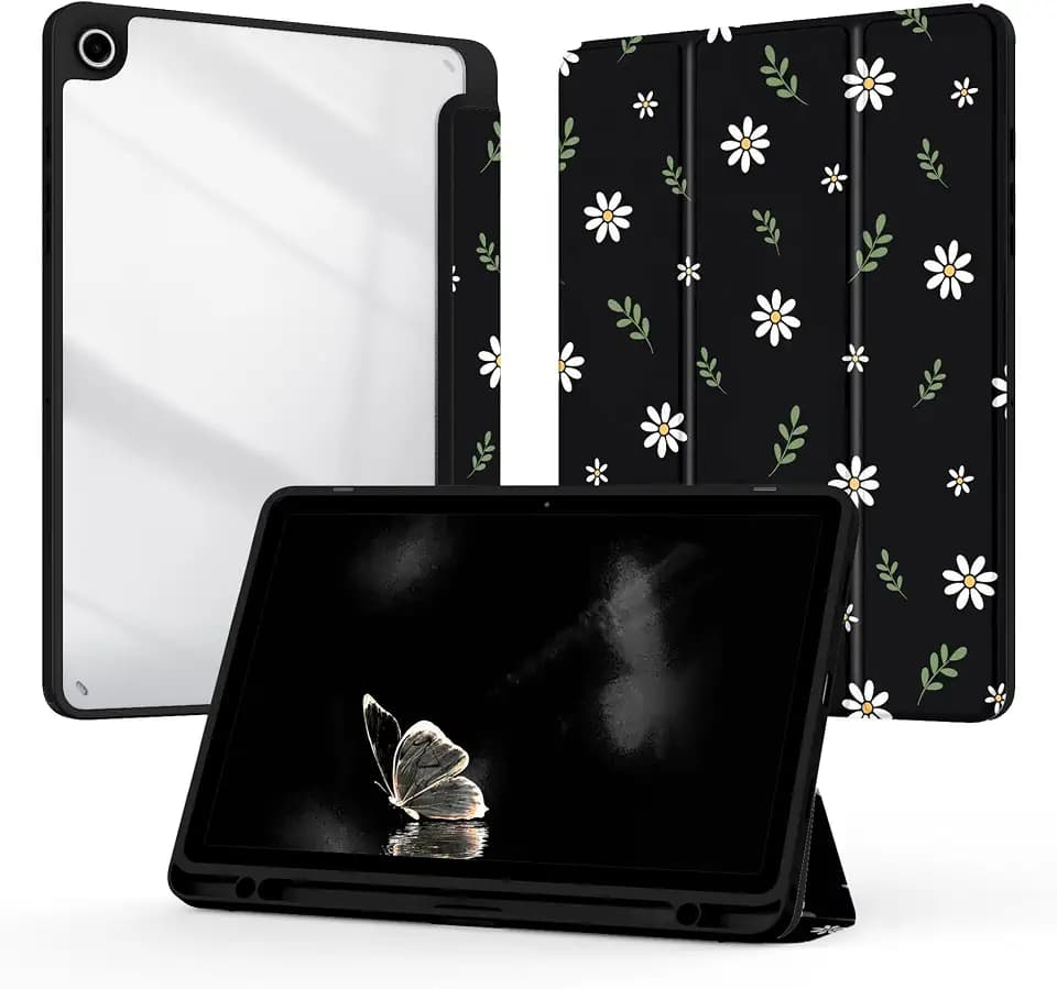 Case for Samsung Galaxy Tab A9+ Plus 11 Inch 2024 (SM-X210/X216/X218), Slim Lightweight Folio Tri-Fold Cute Auto Wake/Sleep Clear Back Cover for Tablet A9+ Plus 11" (Floral Black)