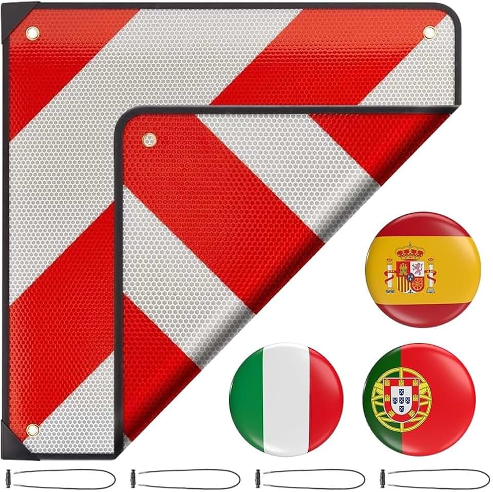 Warntafel Italien und Spanien, 3-in-1 Warntafel Fahrradträger mit 4 Spannseilen, 50x50 cm Reflektierendes Warnschil, Rot Weiß Warntafels Italien Fahrradträger für Heckanhänger Wohnwagen Camper