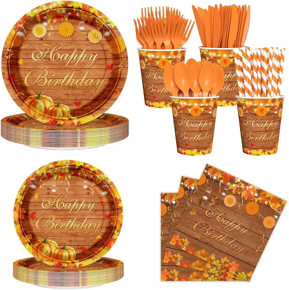 AIBIIN 192pcs Fall Birthday Party Decorations for Pumpkin Birthday Plates, Cup, Napkin, Tableware, Fall Wood Grain Themed Party Supplies Plates Serve 24 Guests