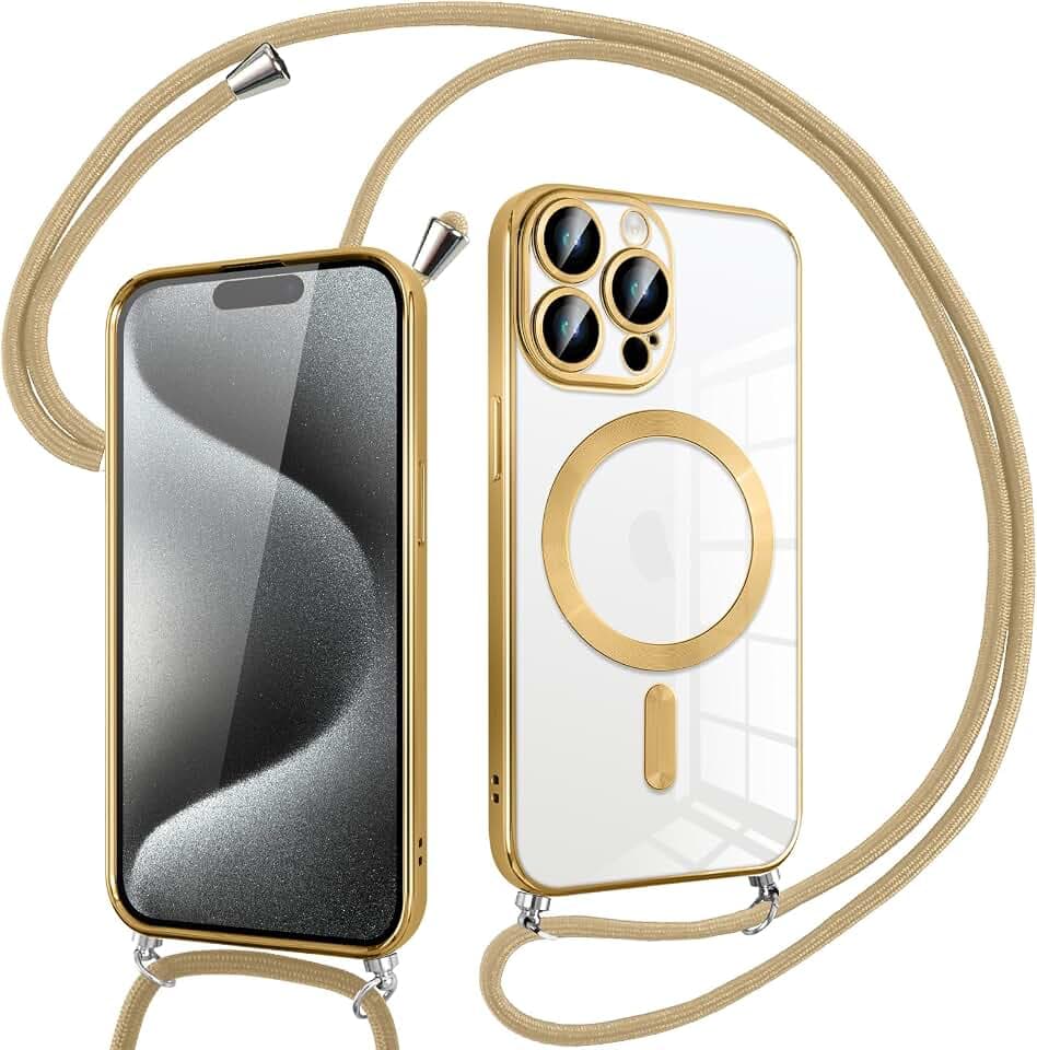 Pnakqil Magnetisch Hülle für iPhone 15 Pro Max mit Band, Kompatibel mit MagSafe, Handyhülle Durchsichtig Dünn Silikon mit Handyband Kordel, Aesthetic Durchsichtige Stoßfest Schutzhülle, ORO