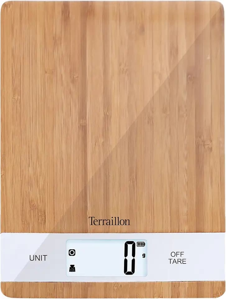 TERRAILLON Bamboo Küchenwaage, USB, wiederaufladbar über USB, automatische Abschaltung – Tara-Funktion und flüssige Umwandlung – Reichweite 5 kg – Bamboo, Bambus