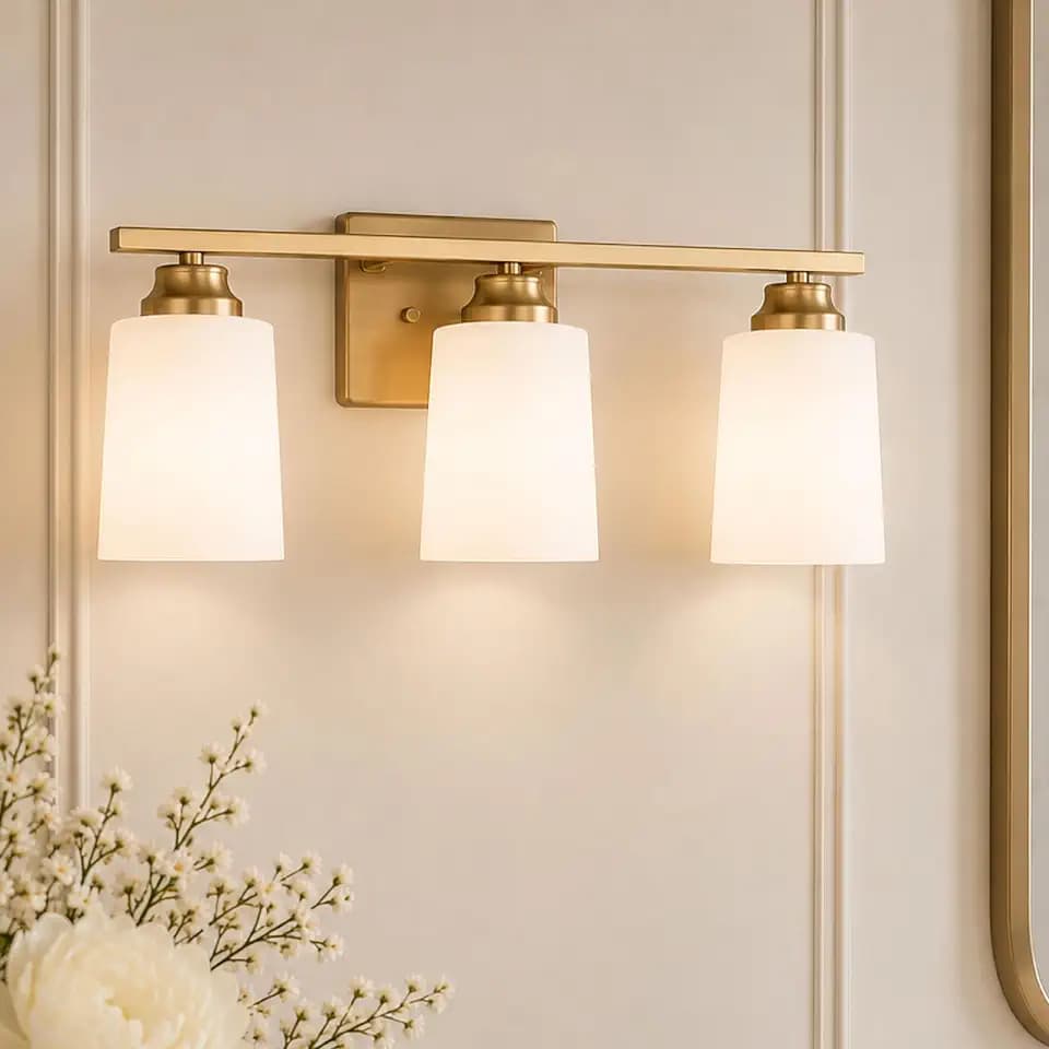 Generation Lighting 4420903-848 Vinton Transitional 3-Light Indoor Dimmable Bath Vanity Wall Sconce Fixture in Satin Brass Gold Finish with Etched White Glass Shade