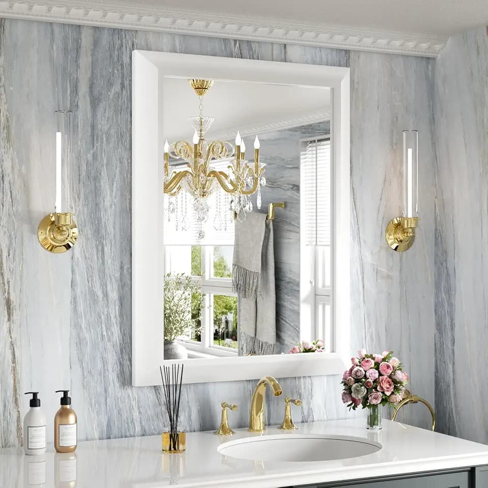 Amorho Bathroom Mirror for Wall 24x32 Inch, White Metal Framed
