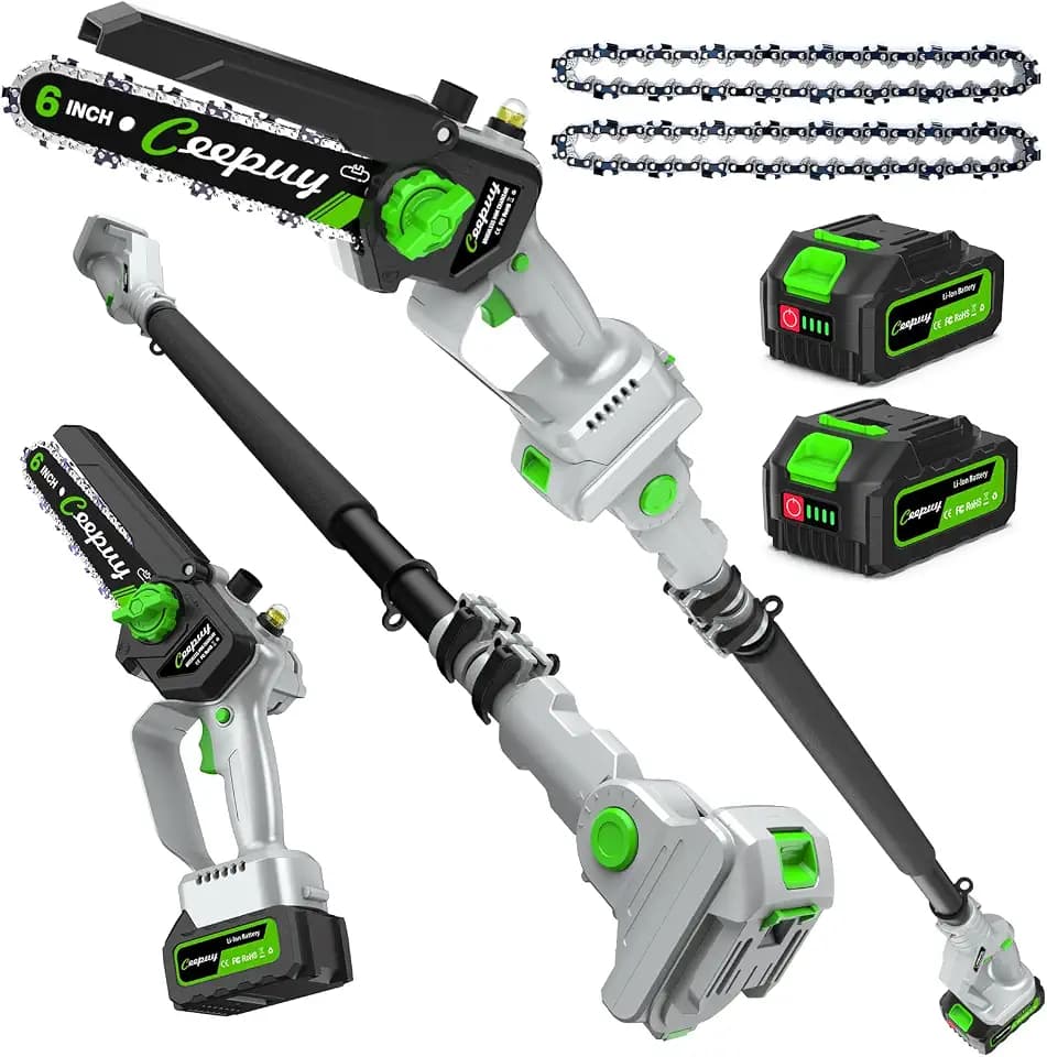 CEEPUY 2-in-1 Brushless Electric Pole Saws for Tree Trimming,6 Inch Cordless Mini Chainsaw with Extension Pole and 2 x 4000mAh Batteries, Pole Chain Saw Gift for Men Dad Husband Fathers Gardener 2026
