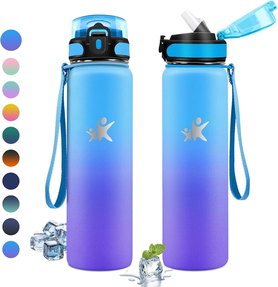 KollyKolla Edelstahl Trinkflasche 1L, Thermoskanne mit Strohhalm, Metall Thermosflasche Doppelwandig, BPA-Frei, Kohlensäure Geeignet, Isolierflasche für Camping, Kinder, Fitness, Sprudel, Büro