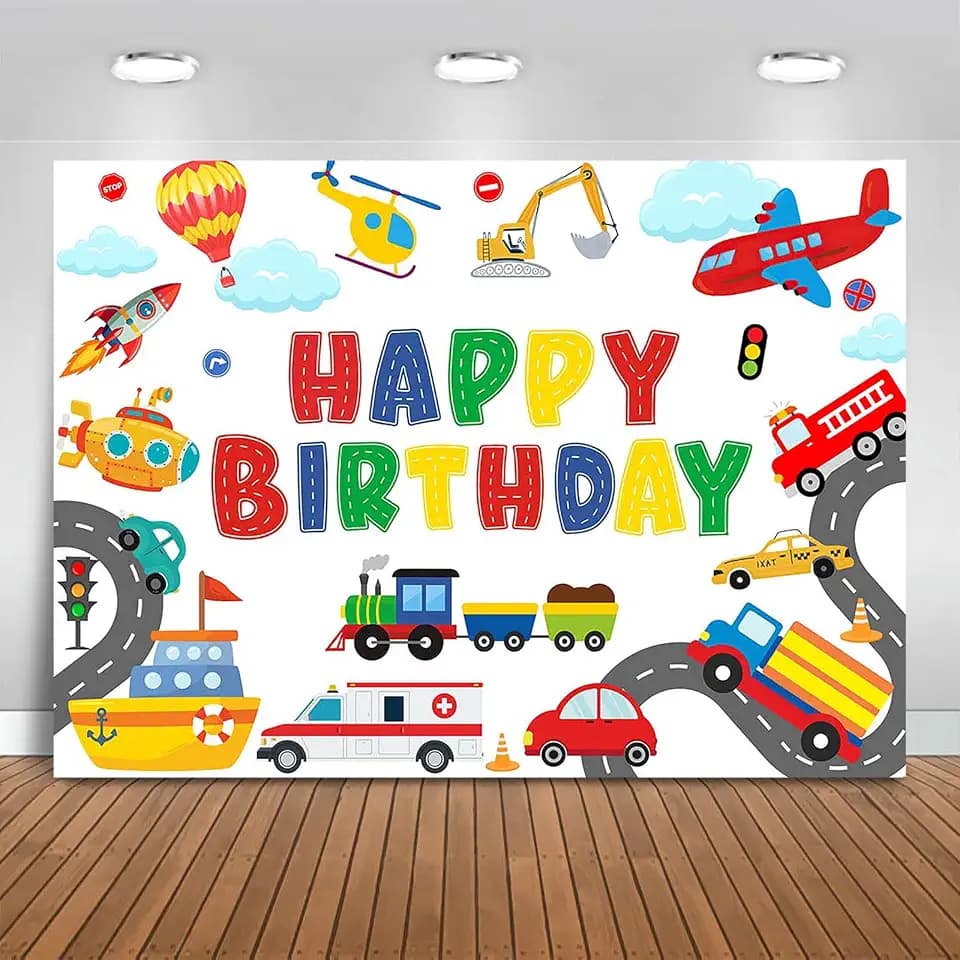 Transportation Birthday Backdrop 7x5ft Plane Train Car Sailboat Vehicle Birthday Party Decorations Background for Boys Traffic Banner Photo Booth Props