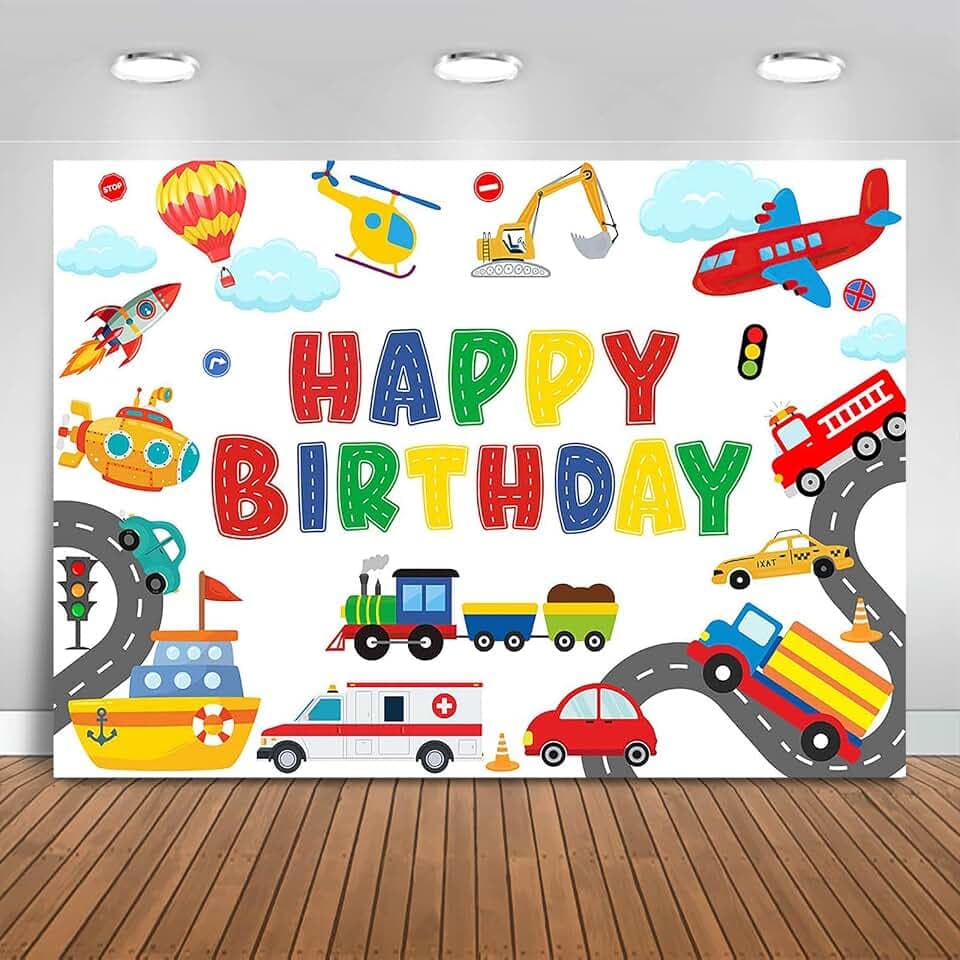 Transportation Birthday Backdrop 10x7ft Plane Train Car Sailboat Vehicle Birthday Party Decorations Background for Boys Traffic Banner Photo Booth Props