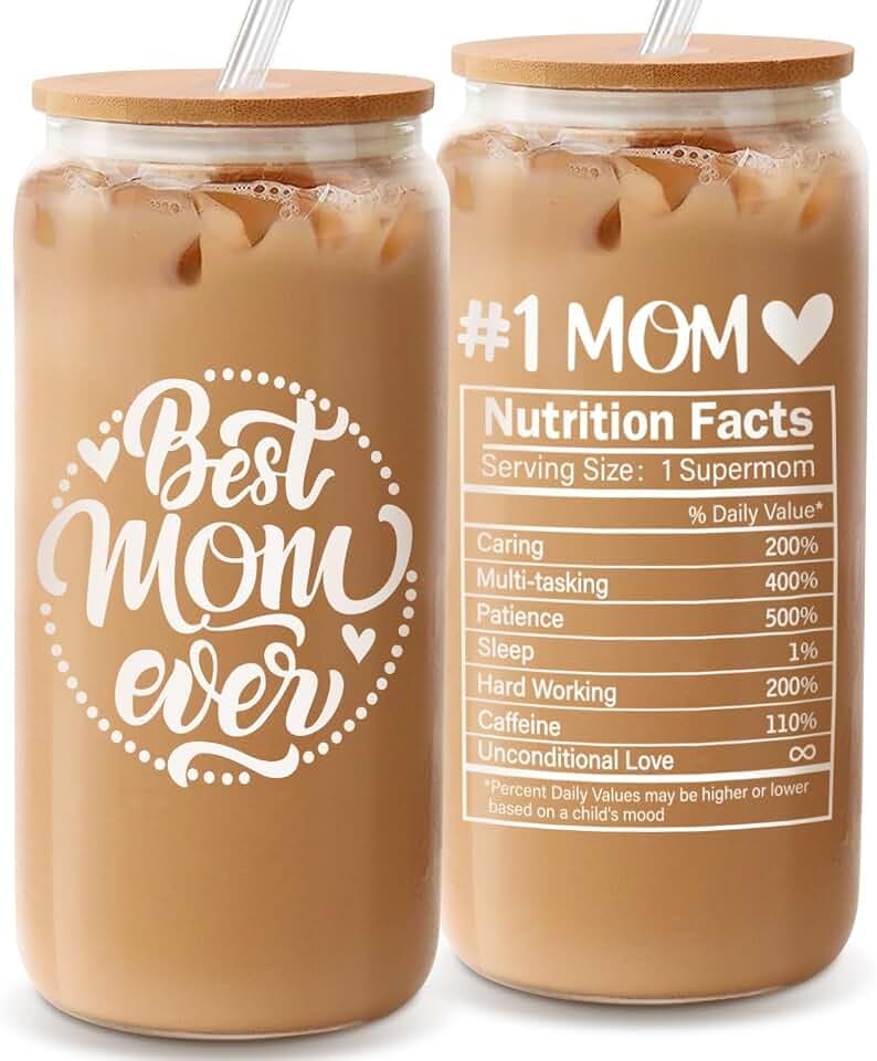 Frerdui Birthday Gifts for Mom, Mothers Day Gifts from Daughter Son Kids, Best Mom Ever Mama 18oz Glass Cup Coffee Water Bottle with Bamboo Lid and Straw, Gift for Mom Women, Christmas Gift for Mommy