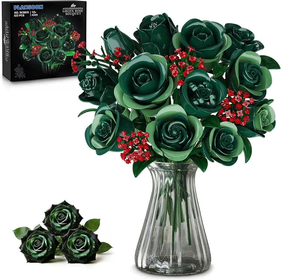 PLAXSOON 16 grüne Rosen Blumenstrauß Bausatz mit Licht