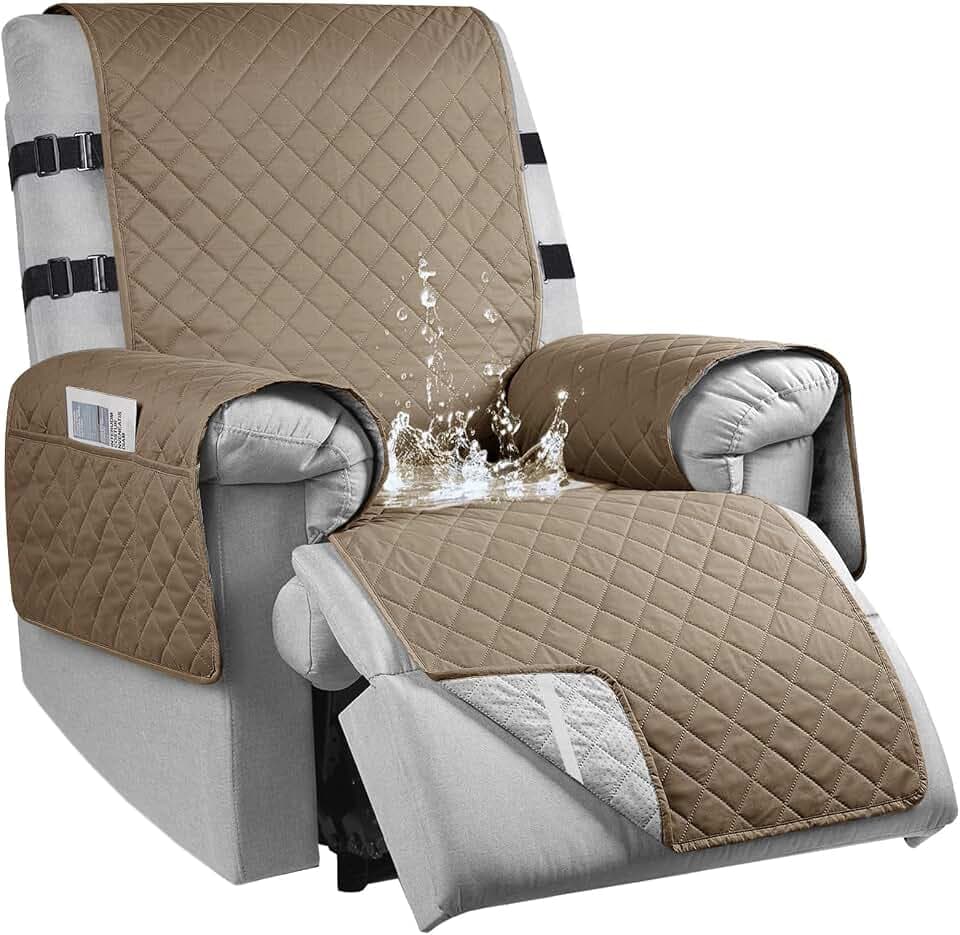 Sesselschoner für Fernsehsessel, 100% Wasserdicht 1 Sitzer Sesselschoner mit 3 Taschen, rutschfest Sesselauflage Relaxsessel mit 2 Verstellbaren Riemen, Waschmaschinenfest, Taupe, S