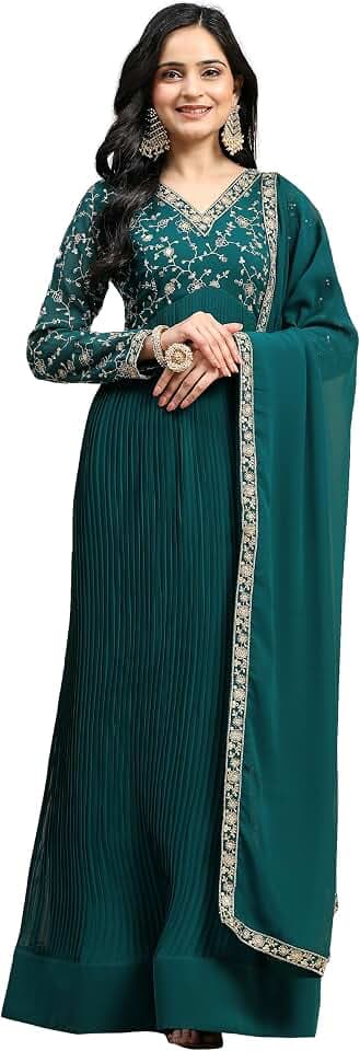 TRENDMALLS Damen Georgette Stickerei Sequenz Arbeit Anarkali Kurta Hose Set mit Dupatta für Frauen (G284-OffWhite-3XL)