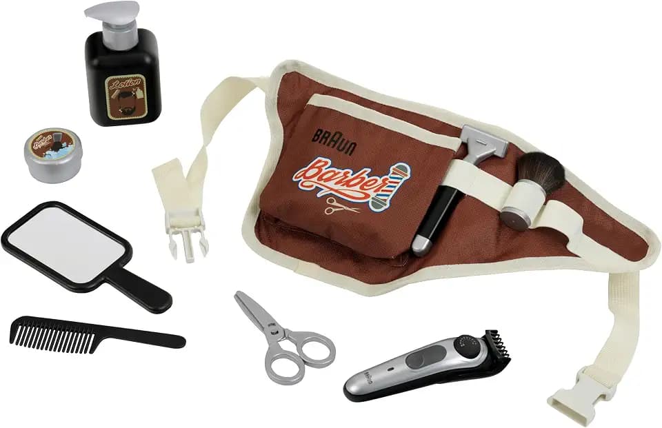 Theo Klein 5838 Braun Barbier-Set I Bauchtasche mit vielen Barber-Shop-Utensilien I Elektrischer Spiel-Bartschneider I Spielzeug für Kinder ab 3 Jahren