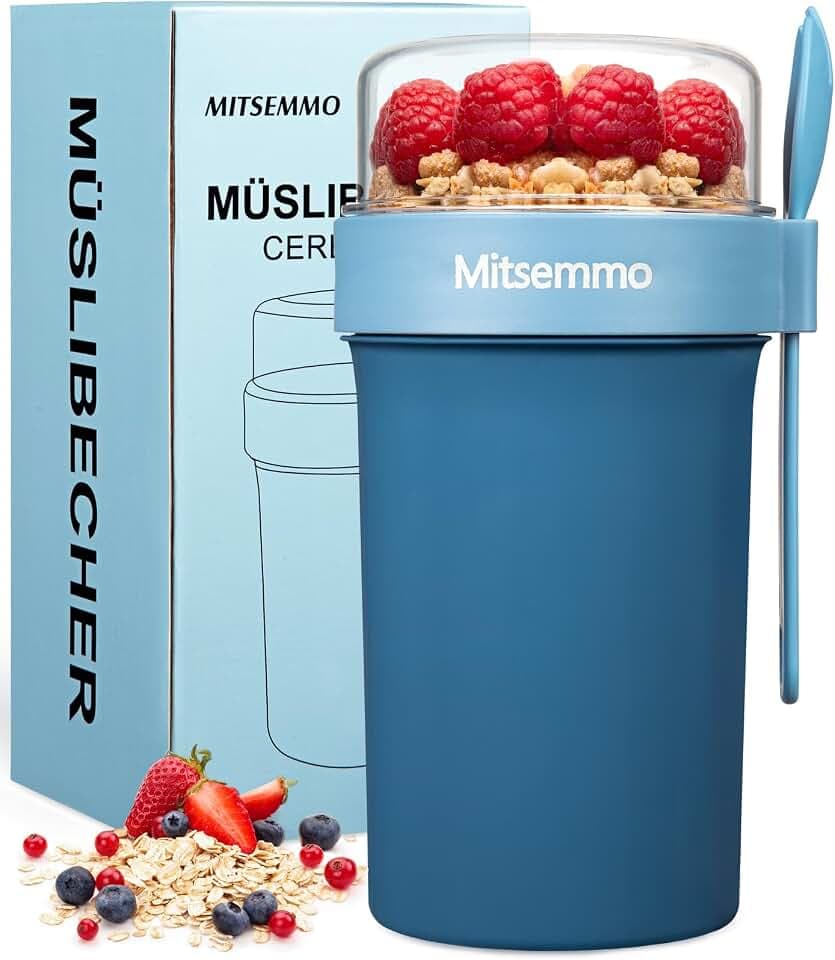Mitsemmo Müslibecher to Go 760ml+230ml,Joghurtbecher to Go mit Löffel,Müsli Cup to Go Becher,Cornflakes to Go,Müslibecher Müslidose Müslischale Frühstücksdose Müslibox,Joghurt Box to Go Becher (Blau)