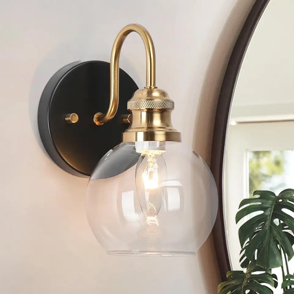 KSANA Black Gold Sconce, Modern Globe Wall Sconces Lighting with Clear Glass Shade, 1-Light Brass Wall Mounted Light Fixture for Bathroom, Kitchen, Bedroom and Stairway