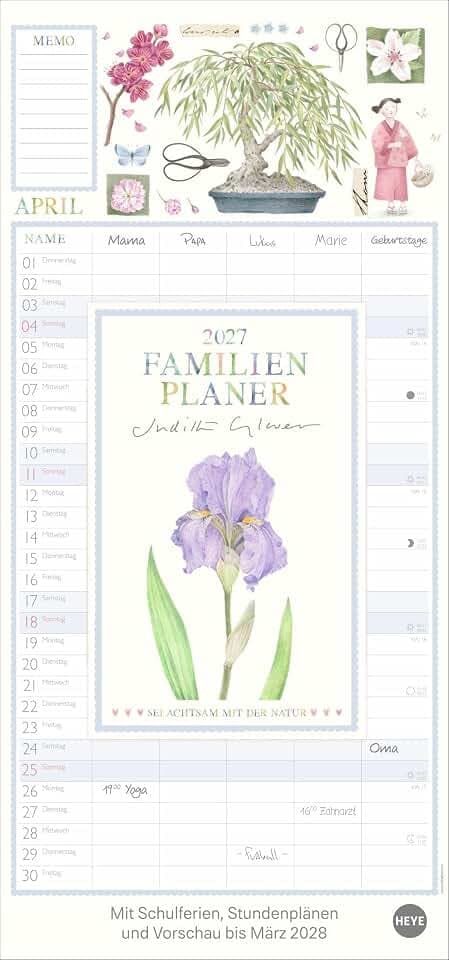 Judith Glover: Familienplaner 2027: Familienkalender mit 5 Spalten. Liebevoll illustrierter Familien-Wandkalender mit Schulferien. Hübscher Wandplaner 2027.