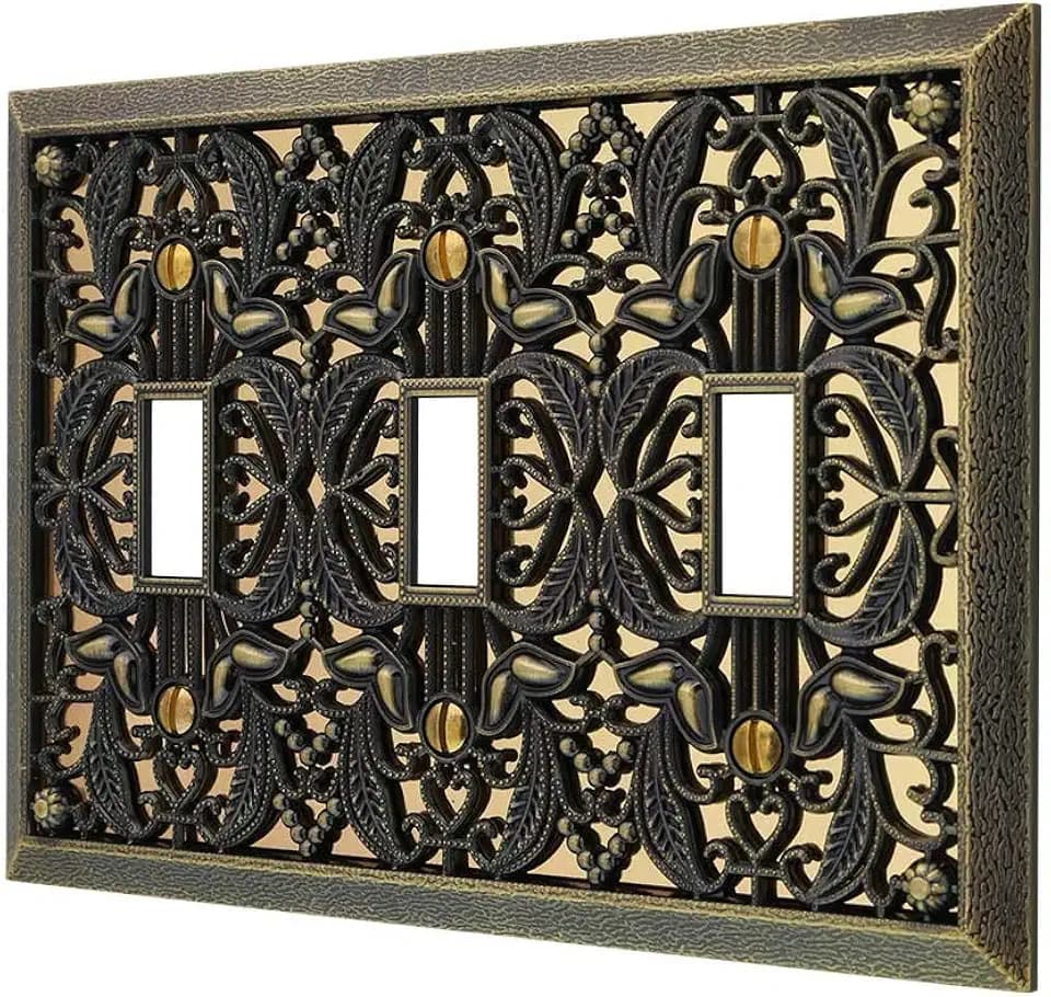 Amerelle Filigree Triple Toggle Cast Metal Wallplate in Antique Brass