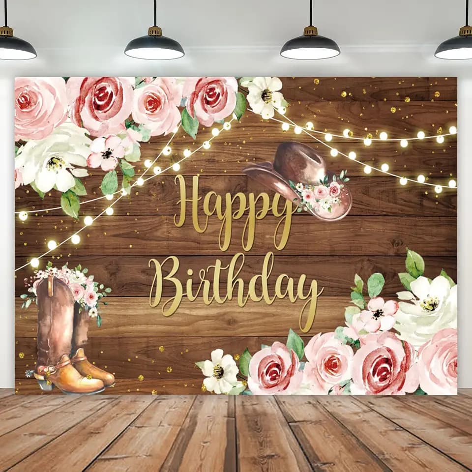 7x5ft Cowgirl Birthday Backdrop Rustic Wooden Western Theme Women Girls Birthday Party Photography Background Pink Flowers Wild West Birthday Decorations Banner Portraits Photo Studio Props
