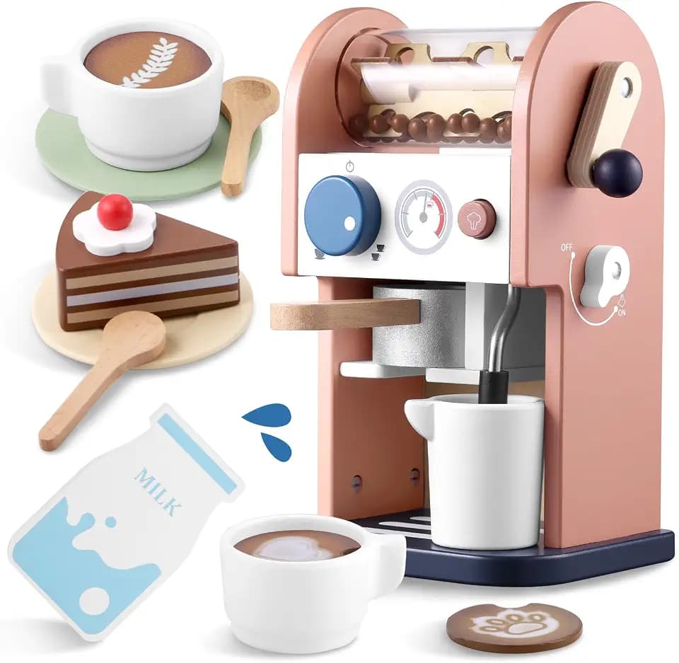 GAGAKU Kaffeemaschine Kinder Holz mit Sound 15 Teile Kinderküche Spielzeug mit Geräusch Kinderkaffee Kinder Küche Spielküchen Zubehör Kaffeemühle Geschenke für Jungen und Mädchen ab 3 Jahre