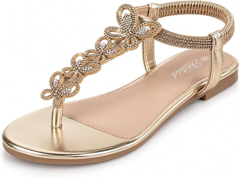 Women's Rhinestone Thong Boho Flat Sandals Sparkly Bling Butterfly