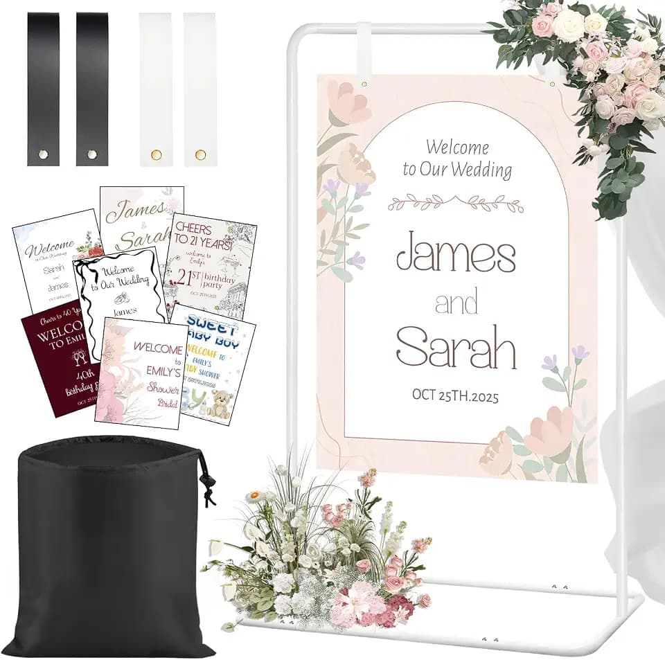 Adjustable Wedding Welcome Sign Stand with 2 Pair Hanging Straps, Welcome to Our Wedding Sign Holder Stand for Reception, Heavy Duty White Easel Stands for Sign Poster, Metal Floor Standing