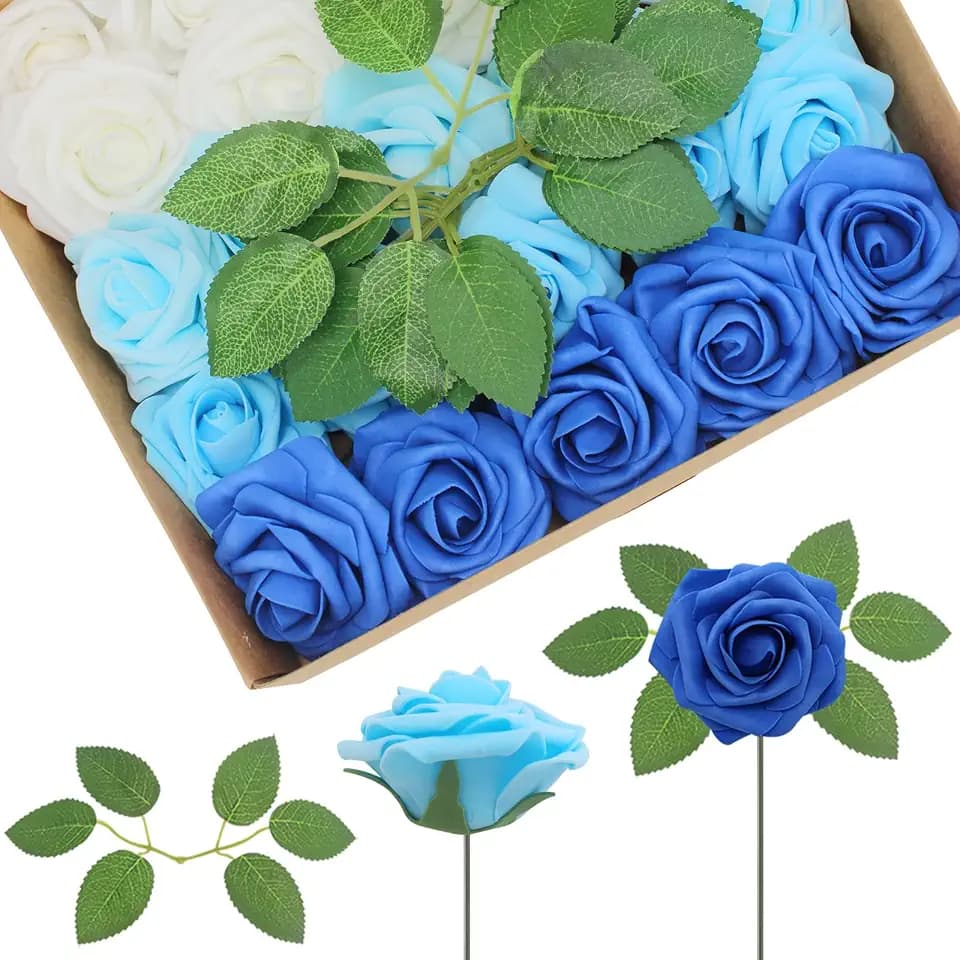 50PCS Blue Series Realistic Roses - Artificial Latex Foam Flowers with Bendable Stems & 12PCS Leaves for Wedding, Home and Party DIY Decor